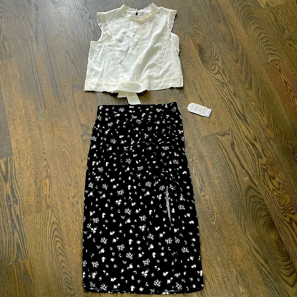 multicolored floral black long skirt with side slit medium